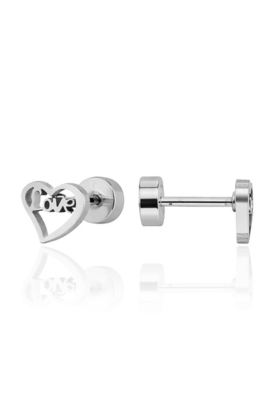 Cosmia Shine Kadın Paslanmaz Çelik Kalp Figürlü Love Yazılı Kararmaz Vidalı Küpe