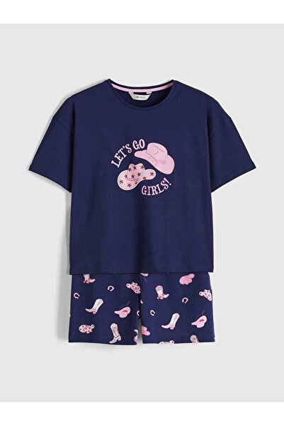 LC Waikiki طقم بيجامة نسائي مطبوع برقبة دائرية باللون الأزرق الداكن (S6)