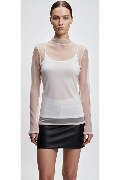 MODA NUR Modanur Powder Pink Color, Lycra, Transparent Tulle Blouse. S Size