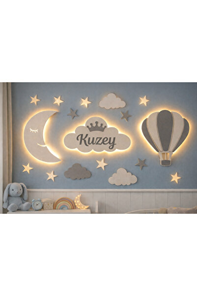 Diyar Tasarım İsimli Bebek Odası Duvar Süsü – Ahşap Bulut Ay ve Balon – LED I...