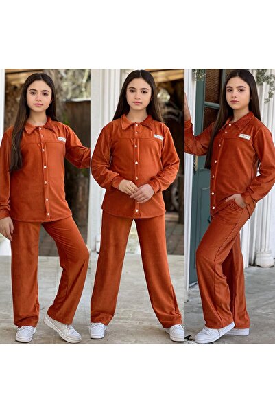 Burçak Butik Girl's Corduroy Shirt - Pants 2-Piece Seasonal Set - Holiday Wear