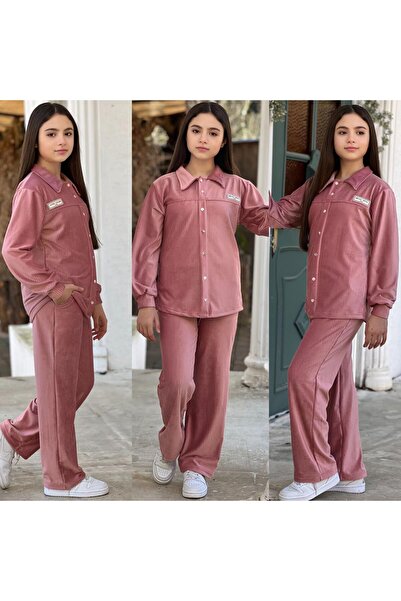 Burçak Butik قميص مخمل مخطط للبنات - بنطلون طقم موسمي من قطعتين - مناسب للعطلات