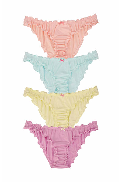 Dominant Kadın 4'lü Paket Pamuklu Fırfırlı Bikini Külot Seti - Somon Sarı Yeş...