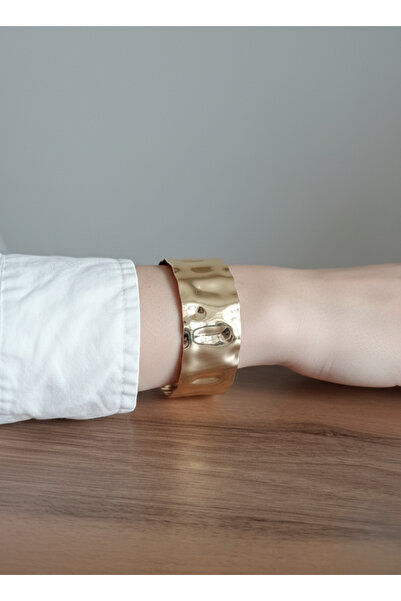 Belasso Women's Gold Color Hammered Effect Wide Band Open Bracelet