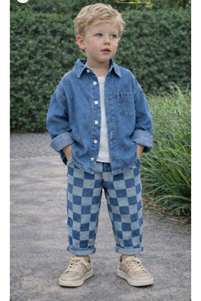 babymoon kids Boy's Checkered Patterned Jeans and Plain Shirt 2-Piece Set