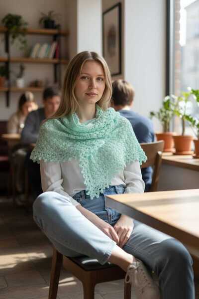 Tokuşka Knitted Patterned Triangle Green Fringed Tassel Shoulder Shawl