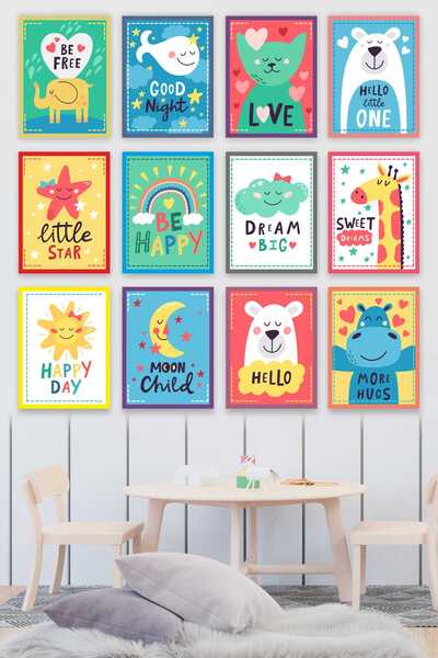 UNT Frame-Styled Cute Animals and Motivational Quotes Children's Room Paintin...