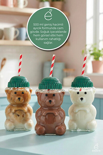 EVONİTA 3'lü Barista Cam Soğuk İçecek Bardağı Ayıcıklı Bardak 500 ml Kapaklı ...