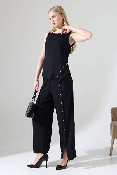 lubiti Sleeveless Wooden Buttoned Asymmetrical Blouse and Trousers Set