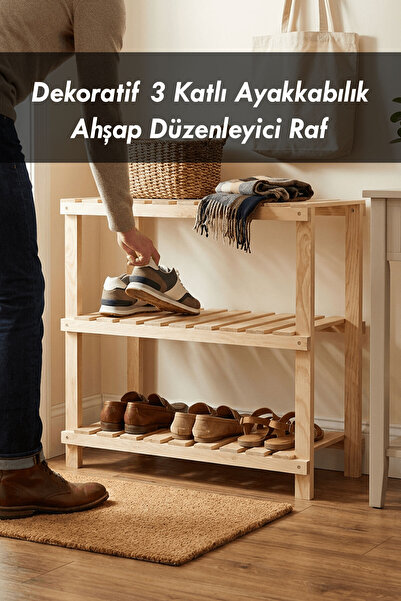 Moola 3 Katlı Ahşap Ayakkabılık, Dekoratif Çok Amaçlı Raf, Dekoratif Katlı Ah...