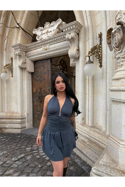 kırmızı butiks Füme Boyundan Geçmeli Drapeli Elbise