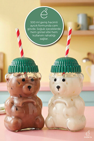 EVONİTA 2-Pack Barista Glass Cold Drink Cup with Teddy Bear Design 500 ml Cut...