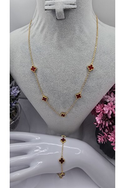 ahsenaksesuar2025 Küçük Boy Bordo Van Cleef Yonca Model Gold Renk Paslanmaz Ç...