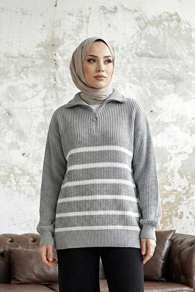 MODAQU Zippered Striped Knitwear Sweater - Gray