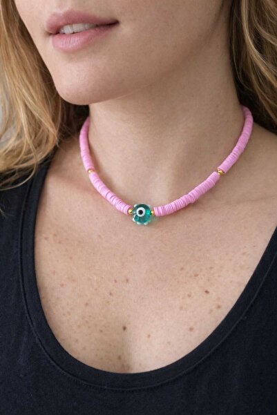 EL YAPIMI Cam Nazar Boncuklu Pembe Fimo Kolye