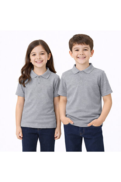 Stero Gri Okul Tişörtü Unisex Kısa Kollu Polo Yaka Pamuklu Düz Renk
