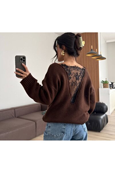 MODAVERA Women's Lace Back Transparent Detail Knitwear Sweater