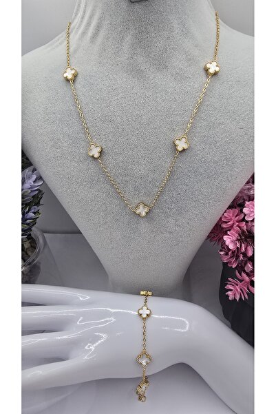 ahsenaksesuar2025 Küçük Boy Beyaz Van Cleef Yonca Model Gold Renk Paslanmaz Ç...