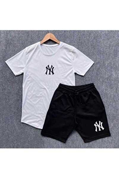 YK WEAR تي شيرت وشورت مطبوع عليه NY للنساء/الرجال