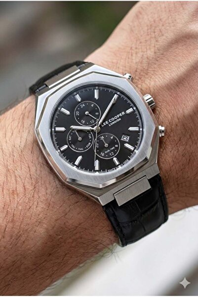 Lee Cooper Klasik Dual Time Erkek Kol Saati | 43 mm Çelik Kasa, Siyah Deri Ko...