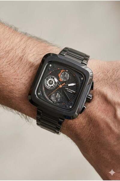 Lee Cooper Black Dial, Square Case, Multi-Function, Steel Band Men's Wristwatch