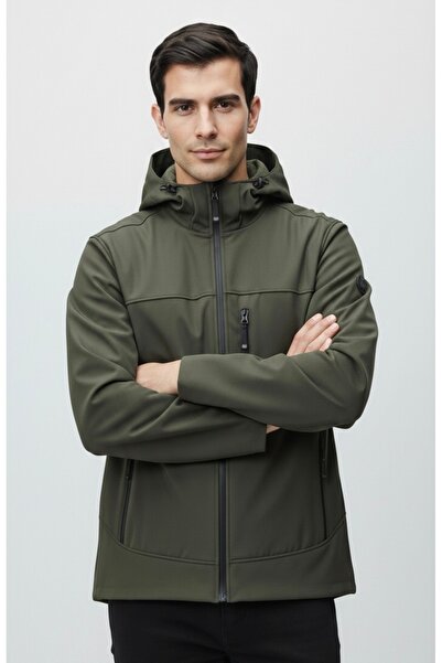Balgüneş Tekstil Erkek Haki Softshell Kapüşonlu Outdoor Ceket