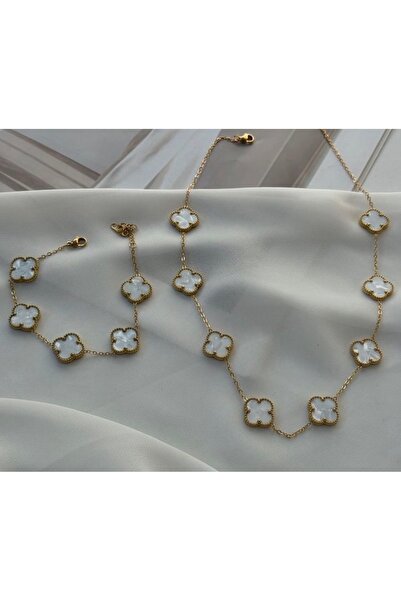 cundapacks Çelik yonca set ikili bileklik kolye seti