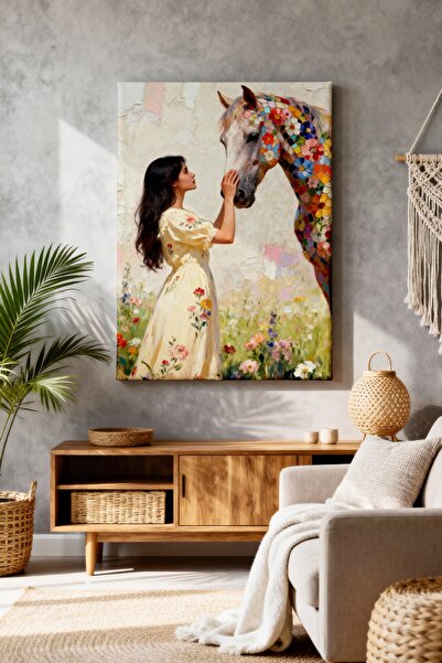 ART NEST DEKOR KIZ VE ÇİÇEKLİ AT CANVAS TABLO