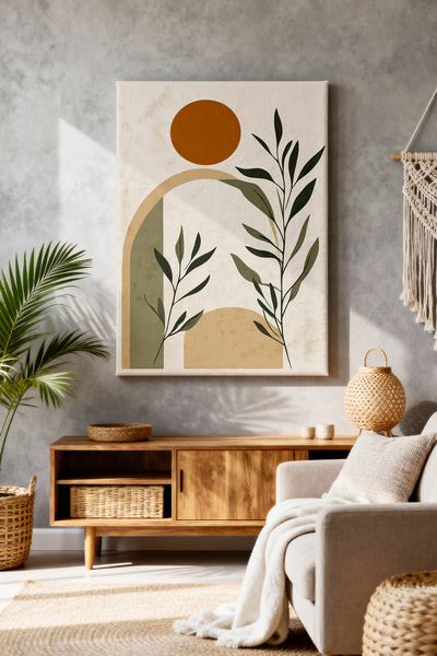 ART NEST DEKOR BOHEM GÜNEŞ VE YEŞİL YAPRAKLAR CANVAS TABLO