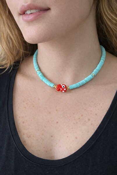 EL YAPIMI Cam Kırmızı Balık Boncuklu Turkuaz Fimo Kolye