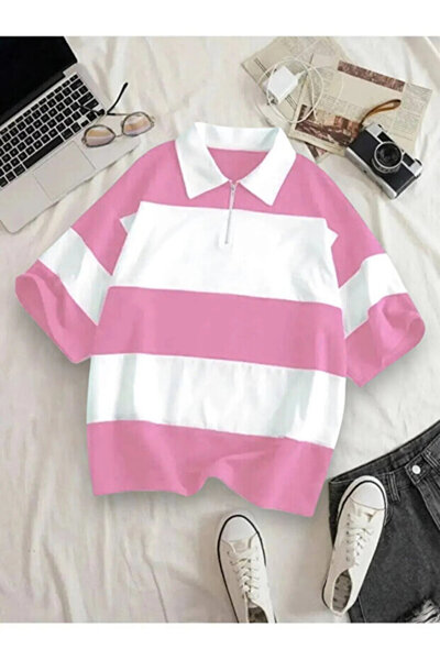 LiyAdaCo Unisex Pink and White Oversize Polo Collar Zippered Polo T-Shirt