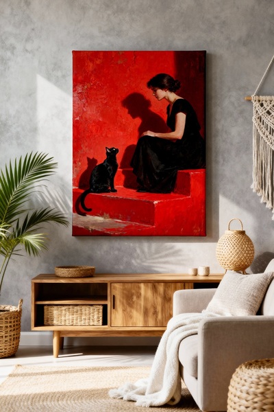 ART NEST DEKOR SİYAH KEDİ VE SİYAHLI KADIN CANVAS TABLO