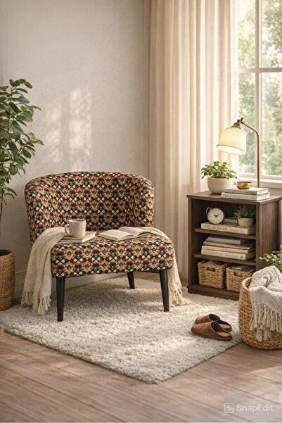 Arnohome Modern seating chair with yellow patterns and black legs