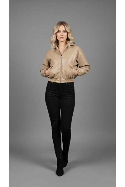 Azra Moda Style New Season Waist Elastic Detail Hooded Leather Jacket Women