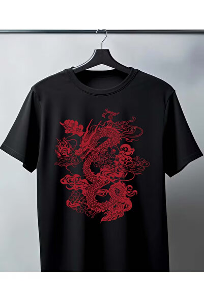 Nilvor Unisex Kırmızı Çin Ejderhası Ön Baskılı Özel Tasarım Oversize T-shirt