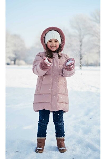 gnygiyim Palton pufos pentru fete, cu blană, culoare trandafir prafiu, cu glu...