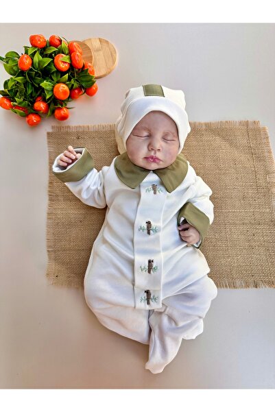 Mama Miel Baby Hand Embroidered Khaki Birded Overalls and Hat - 100% Cotton