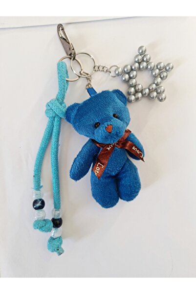 chibi ميدالية مفاتيح بتصميم دب لطيف باللون الأزرق الداكن ونجمة الحظ الفضية، ه...