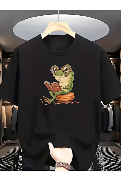 Nilvor Unisex Kitap Okuyan Kurbağa Ön Baskılı Özel Tasarım Oversize T-shirt