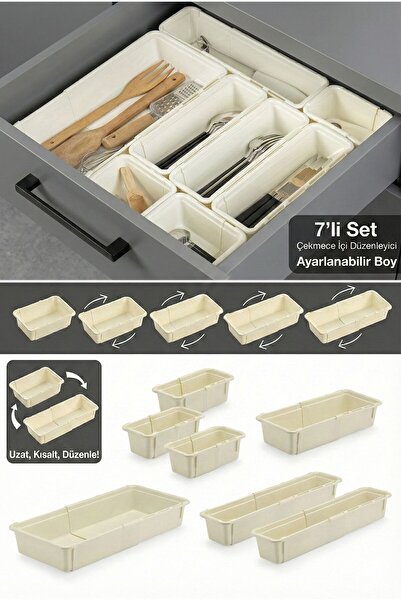 Funny Life 7-Piece Adjustable Spoon Holder Set Beige - Extendable Drawer Modu...