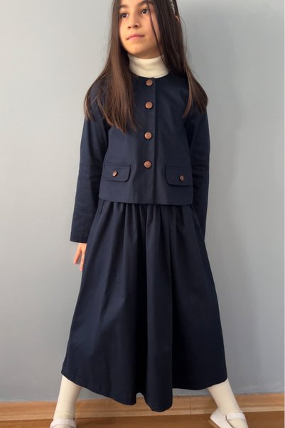 Masnu Çocuk Girl's Navy Blue Cotton Gabardine Jacket and Drawstring Midi Skirt Set