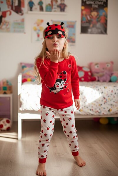 Balgüneş Tekstil Uğur Böcekli Maskeli Kız Çocuk Pijama Takımı
