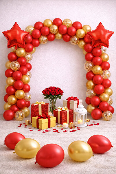 EvremStore 63 Parça Kırmızı Gold Balon Zinciri Seti + 2 Yıldız Folyo Balon – ...