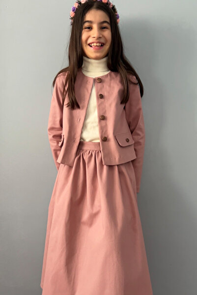 Masnu Çocuk طقم تنورة متوسطة الطول من القطن الجبردين الوردي المغسول مع حزام ل...