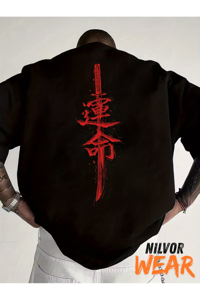 Nilvor Unisex Çin Samuray Ön - Arka Baskılı Özel Tasarım Oversize T-shirt