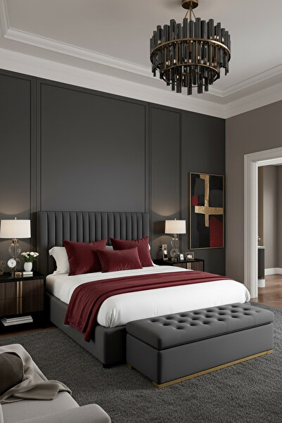 JACA 4'lü Kadife Kumaş Dekoratif Yatak Runner & İç Dolgulu Yastık Kırlent Seti