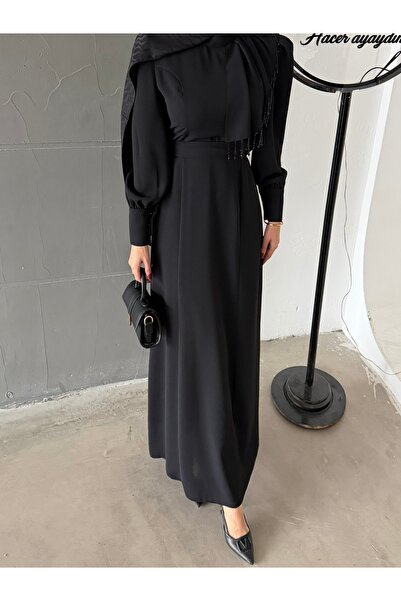 Aranlı tekstil Crepe Fabric Hijab Dress with Shoulder Detail