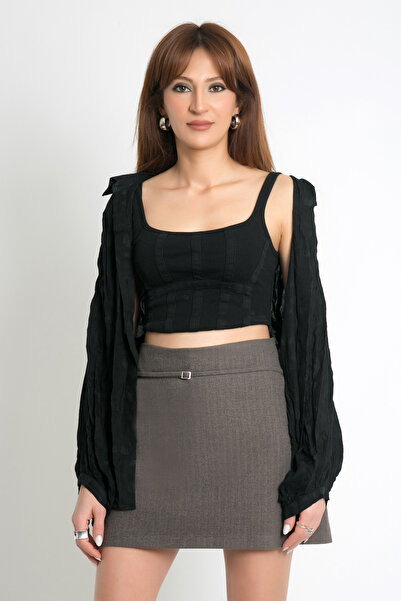 CESS ŞORT ETEK KADIN ŞORTLU ETEK MİNİ TOKALI KUŞAKLI YANDAN FERMUARLI