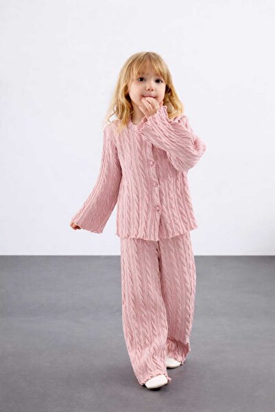 le petit sole Pembe Kız Çocuk Düğmeli Triko Takım