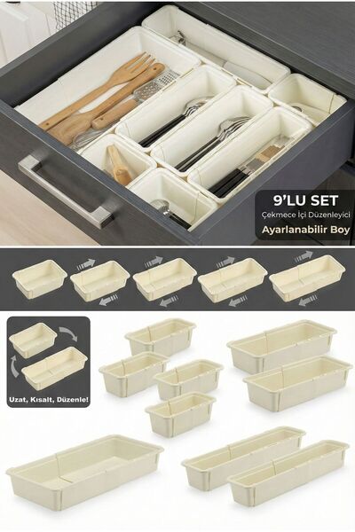 Funny Life 9-Piece Adjustable Spoon Holder Set Beige - Extendable Drawer Modu...